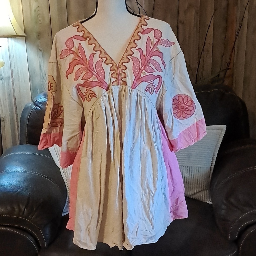 Veveret Embroidered Babydoll Shift Dress Mini Boho Hippie Linen Artsy Floral